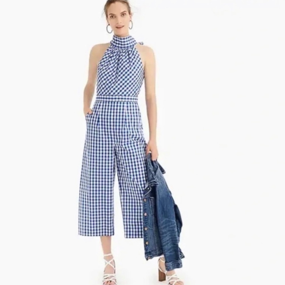NWT Jcrew High-neck jumpsuit in gingham cotton poplin